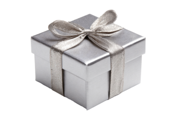 A silver gift box with a light gray ribbon bow