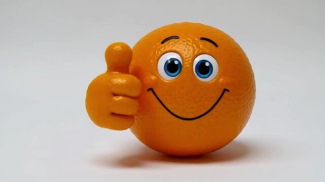 Eine runde Orange, freundlich lachend, mit Comic-H&auml;nden in &bdquo;Daumen hoch&ldquo;-Pose &ndash; dargestellt auf wei&szlig;em Hintergrund.