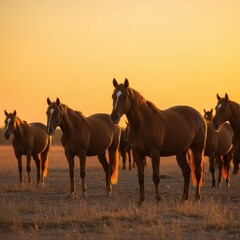 Majestic Herd of Horses Grazing Peacefully During a Warm Golden Sunset