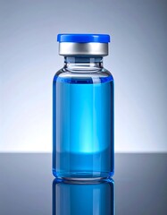 Clear blue liquid in a glass vial