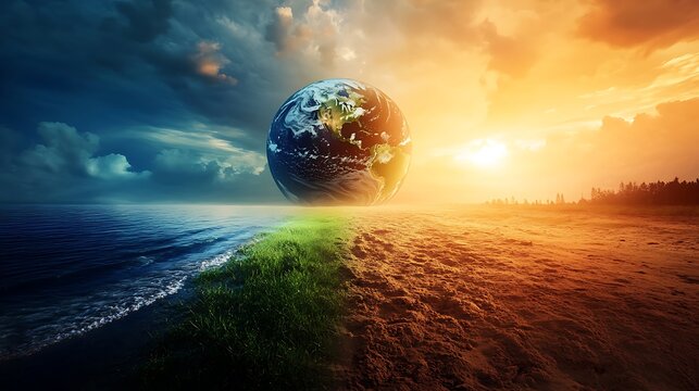 Earth balanced between light and darkness with a dramatic sky