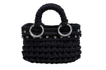 Small black crocheted handbag with metal rings and rivets