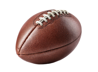 Close-up of a brown American football.  Stitched leather,  with a slightly textured surface,  and white laces