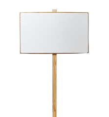 Fototapeta premium A blank, rectangular sign mounted on a wooden pole