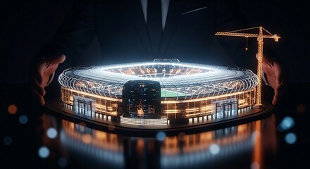 Futuristic Stadium Design:  Businessman Presents Illuminated Model with Crane, Night Scene.