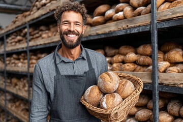 Baker with a basket of fresh bread smiling in a local bakery