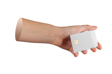 Concept of digital finance. hand offering chip card isolated against white background.