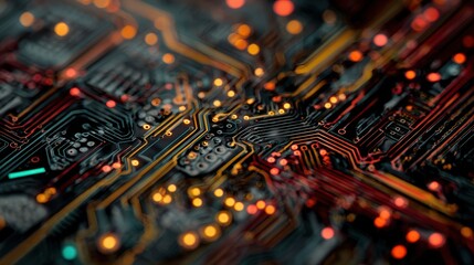 Fototapeta premium Close-up view of a colorful printed circuit board showcasing intricate designs and glowing lights