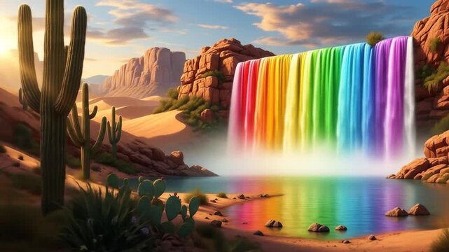 Desert oasis with vibrant rainbow waterfall  Desert landscape, cactuses,  rainbow cascade, serene pool reflection