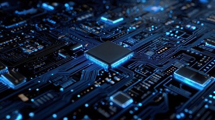 High-tech circuit board with glowing blue lights and microchips showcasing modern electronic design and technology