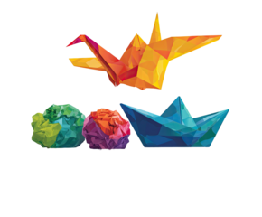 Colorful origami figures, including a crane, crumpled balls, and a boat, against a dark background.  Geometric shapes and vibrant hues
