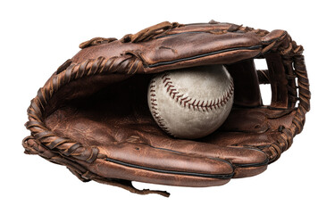 Close-up of a vintage baseball mitt holding a baseball.  The mitt, a rich brown leather, displays signs of age and use.  