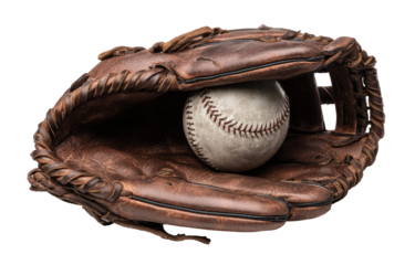 Close-up of a vintage baseball mitt holding a baseball.  The mitt, a rich brown leather, displays signs of age and use.  