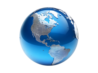 Glossy blue earth globe north and south america, Isolated On white, Png Transparent