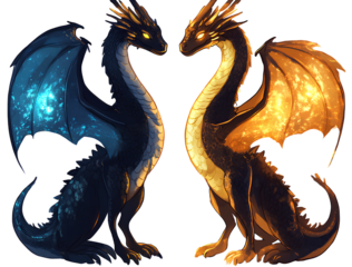 two dragons, one black with blue wings and golden scales, the other yellow-brown in color with orange glowing eyes, on a transparent background.