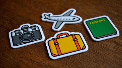 Travel essentials featuring camera, suitcase, airplane, and passport on wooden surface