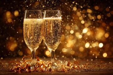 Celebrating a special occasion with glasses of sparkling beverage and golden decorations