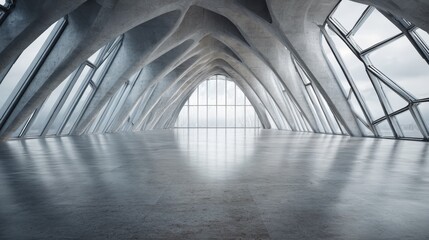 Modern architectural interior with large windows and unique structural design in a spacious environment