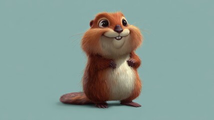 Fototapeta premium Cute animated rodent character with fluffy fur and cheerful expression poses joyfully against a solid background