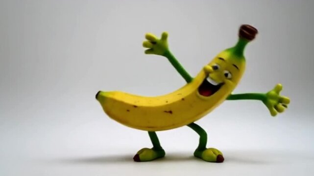 Eine krumme Banane mit witzigem Gesichtsausdruck, lachend, mit Armen und Beinen, die in einer spa&szlig;igen Pose stehen &ndash; auf wei&szlig;em Hintergrund dargestellt.