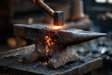 Close view of a heated metal anvil being shaped by a blacksmith with a hammer in a traditional workshop