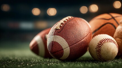 Collection of various sports balls on turf background in a sports arena