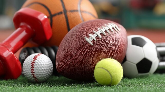 Various sports equipment including balls and dumbbells on green turf surface