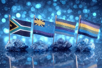 Decorative flags on glittery base representing various nations with vibrant colors