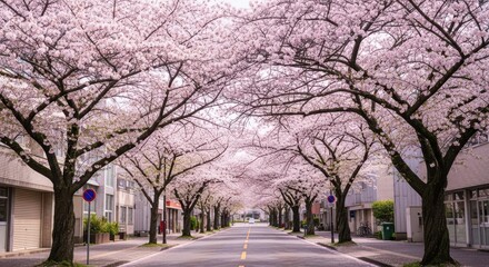 Serene Blossom Canopy: A Cherry Tree Lined Road in Springtime