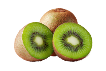 Three kiwifruit, one whole and two halves, arranged in a slightly overlapping pyramid shape against a black background. 