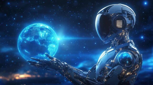 Futuristic robot holding glowing Earth in space with stars
