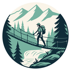 Hiker crossing suspension bridge over river Keywords: hiking, adventure, travel, nature