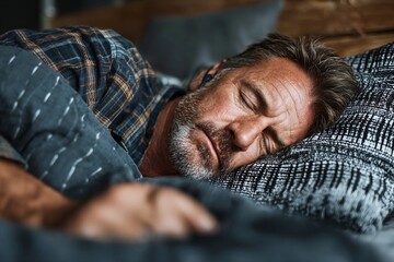 Obraz premium Man resting peacefully in bed wearing headphones during daytime hours