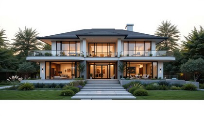 Fototapeta premium Stunning modern home with lush landscaping and elegant design elements for upscale living and luxury real estate appeal
