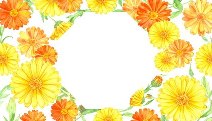 Floral frame of marigold flowers in orange and yellow