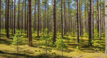 Obraz premium Sun-Drenched Pine Forest with Young Saplings Offering Tranquil Wilderness