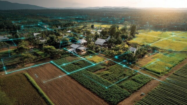 Rural landscape with technology overlay showcasing smart farming solutions at sunset in an agricultural area