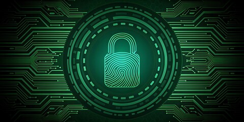 Obraz premium Futuristic Digital Fingerprint Lock with Cybersecurity Circuit Background.