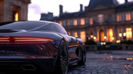 Luxury sports car parked in front of historic building at twilight with warm lights reflecting on wet cobblestones