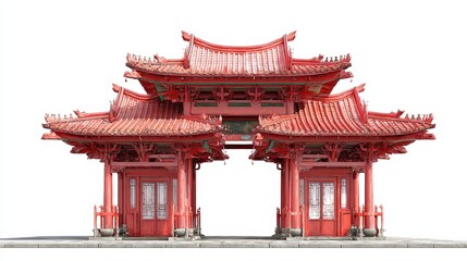 Fototapeta premium Beautifully crafted red pavilion showcasing traditional architecture in a serene urban environment during daytime