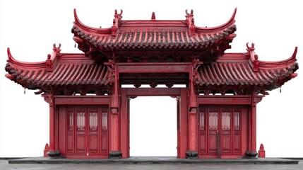 Naklejka premium Elegant red traditional Chinese architecture with intricate detailing in a serene setting enhances cultural beauty and heritage