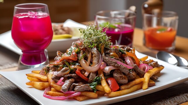 Peruvian lomo saltado, a delicious stir-fried beef dish served with crispy fries and onions, accompanied by a refreshing glass of chicha morada, set in the heart of Perua??s culinary landscape