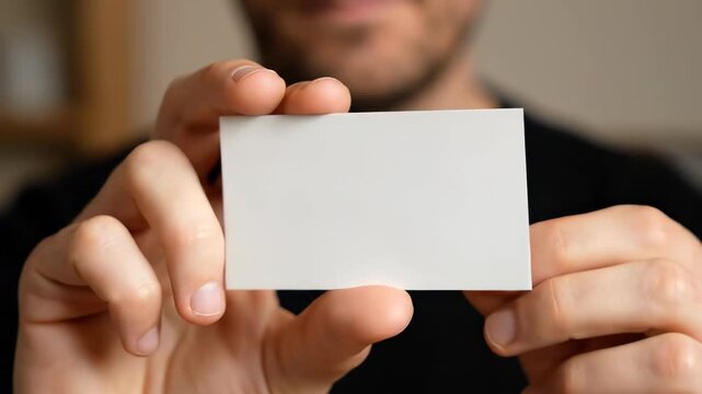 Man holding a blank business card close-up in indoor setting  