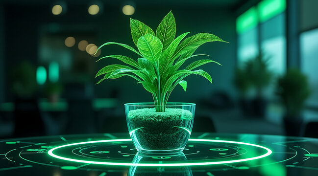 Glowing digital hologram of green plant in transparent pot with soil, displayed on futuristic circular interface with neon lights - Powered by Adobe