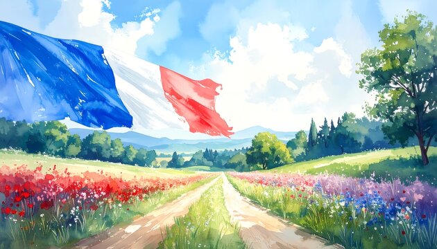 French countryside landscape with flag