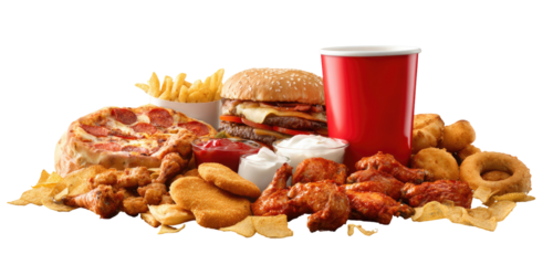 Assorted fast food items including pizza, burger, fries, chicken tenders, onion rings, and wings, all presented together with a large red cup of soda