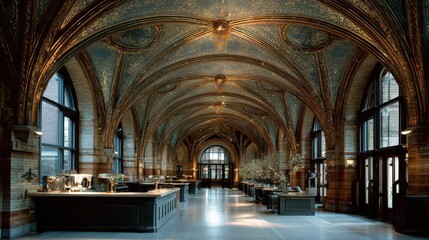 Fototapeta premium Exquisite interior of a grand dining hall featuring ornate architecture and elegant decor in the afternoon light