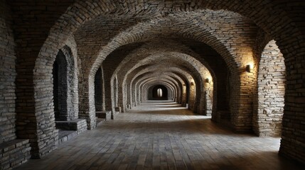 Obraz premium Unique stone archway corridor illuminated softly with lights in an ancient structure