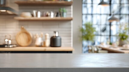 Medium shot of a modern kitchen wall coated with stainresistant paint showcasing a clean surface resistant to spills and splatters with a blurred countertop in the background.
