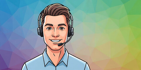 Smiling handsome man working as a customer service representative wearing a headset against a colorful abstract gradient background.
